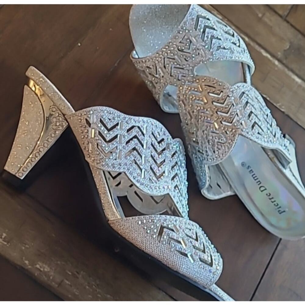 Pierre Dumas Silver Rhinestone Heeled Slip on Sandals Size 7 - Picture 2 of 3